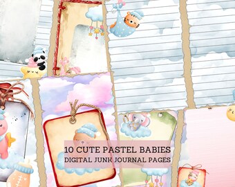 Cute Pastel Babies Junk Journal Pages, Watercolor Baby Shower Junk Journal Kit Cut Out Sheets, Junk Journal Printable, Digital Collage Paper