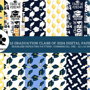 Class of 2024 Graduation Seamless Digital Papers, Graduation Hat & Certificate, Blue and Yellow Backgrounds, Commercial Use Digital Paper
