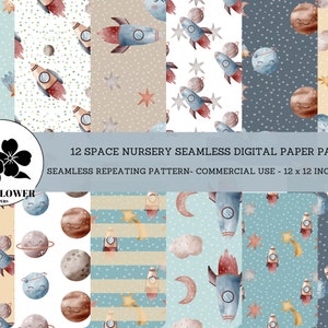 Space Nursery Seamless Digital Papers, Planets & Spaceships, Nursery Baby Boy Backgrounds, Commercial Use Digital Paper