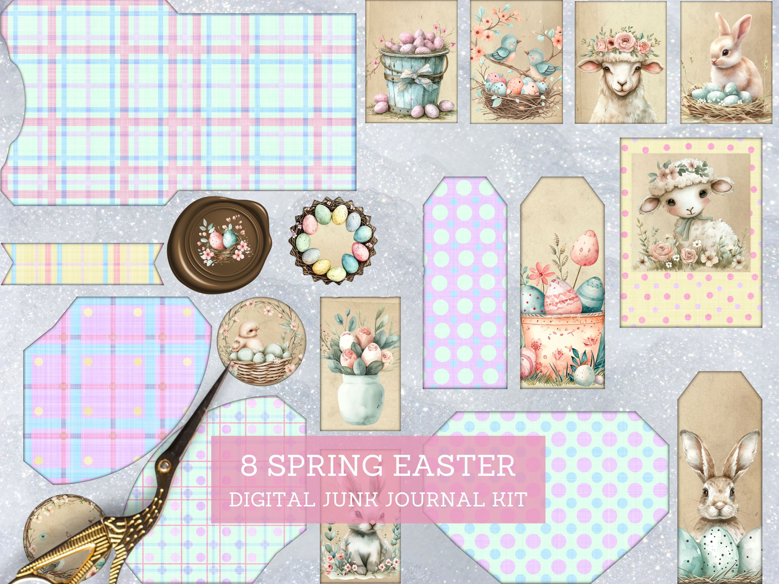 Shabby Spring Easter Junk Journal Kit, Cute Floral Bunnies Cut Out ...