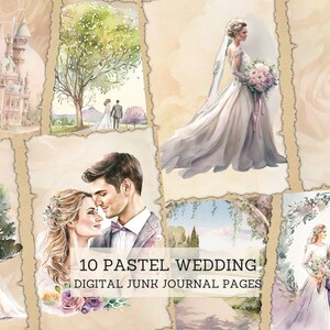 Może przedstawiać: Zestaw 10 cyfrowych stron do junk journalu w pastelowych kolorach z motywem ślubnym. Strony zawierają akwarelowe ilustracje pary młodej, zamku, kwiatów i innych elementów związanych ze ślubem. Na stronach znajduje się tekst "10 Pastel Wedding Digital Junk Journal Pages".
