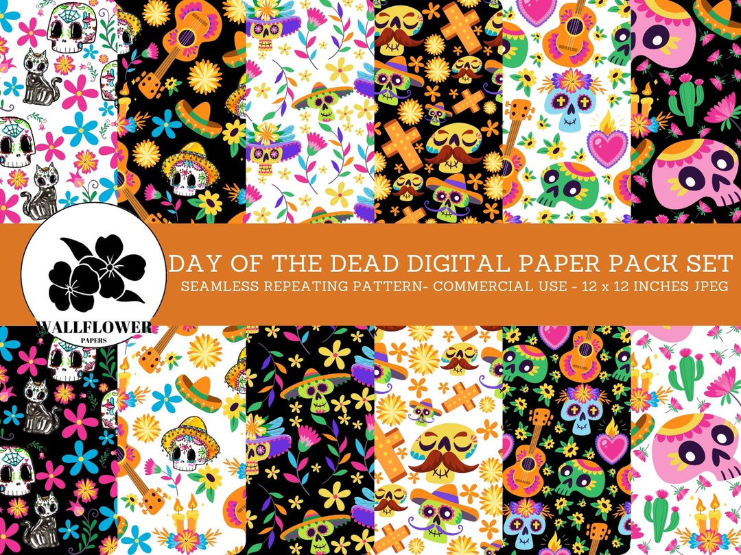 Day of the Dead Seamless Digital Papers, Candles, Guitars and Skulls ...