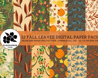Fall Leaves Seamless Digital Papers, Autumn Leaves & Flowers, Fall Backgrounds, Commercial Use Digital Paper