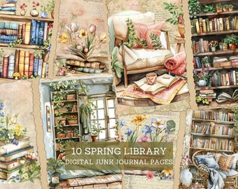 Spring Book & Libraries Junk Journal Pages, Floral Bookshelf Junk Journal Kit, Cut Out Sheets, Junk Journal Printable, Digital Collage Paper