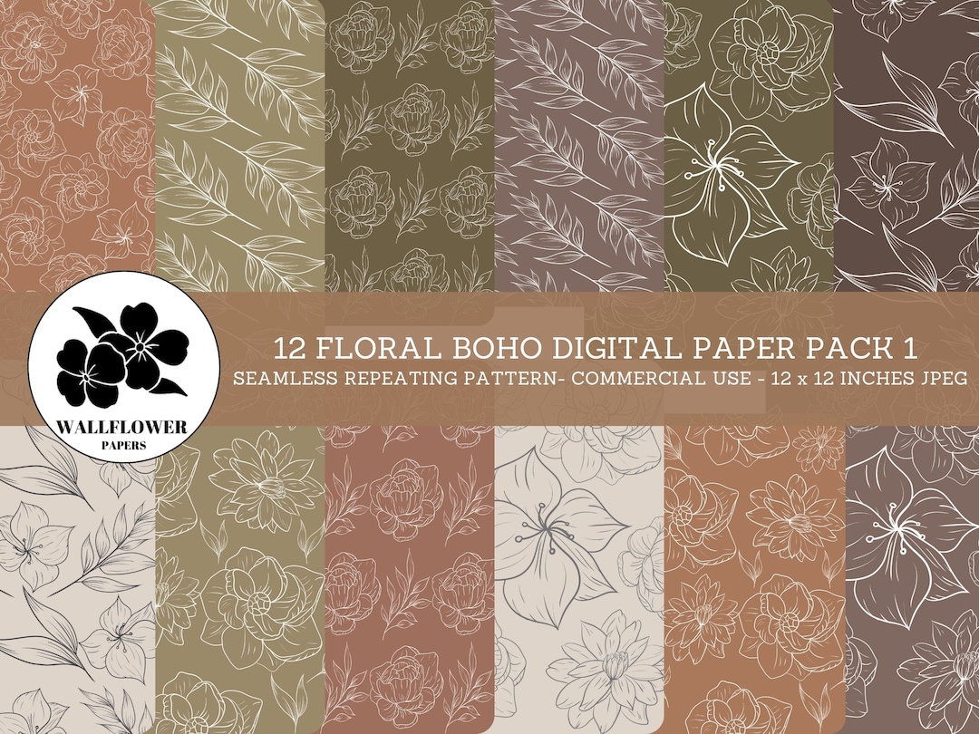 Floral Boho Digital Paper, Flower Line Art Pattern, Earth Tone Magnolia ...