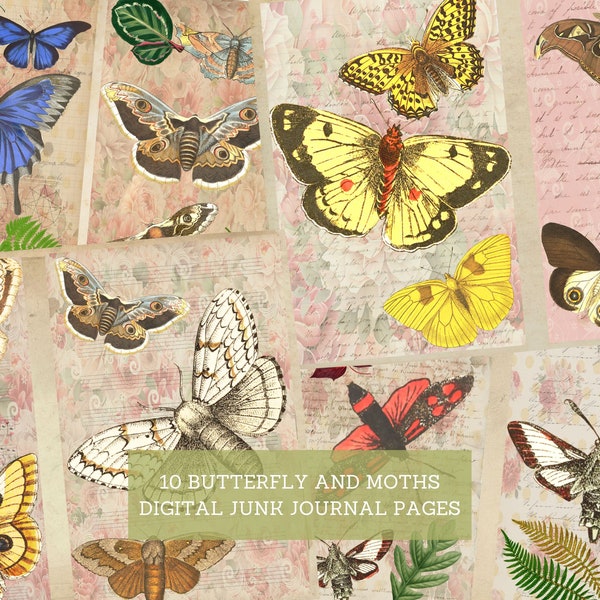 Butterflies & Moths Junk Journal Pages, Vintage Butterflies Junk Journal Kit, Cut Out Sheets, Junk Journal Printable, Digital Collage Paper