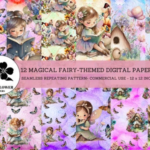 May include: A digital paper pack with 12 seamless patterns featuring fairies reading books in a whimsical garden setting. The patterns are in shades of pink, purple, and blue with butterflies and flowers. Each pattern is 30.5 x 30.5 cm.