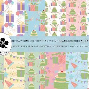 Watercolor Birthday Seamless Digital Papers, Cakes & Gifts, Happy Birthday Backgrounds 2, Commercial Use Digital Paper