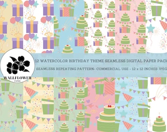 Watercolor Birthday Seamless Digital Papers, Cakes & Gifts, Happy Birthday Backgrounds 2, Commercial Use Digital Paper