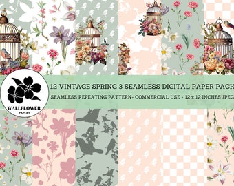ヴィンテージ スプリング シームレス デジタル ペーパー 3、鳥かご & 花のスクラップブック ペーパー、春の背景、商用利用可能なデジタル ペーパー