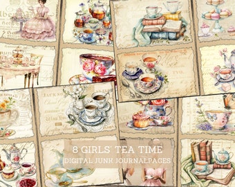 Vintage Girl's Tea Time Junk Journal Seiten, Shabby Teeparty Junk Journal Kit, Landschaft Scrapbooking Papiere, druckbare Natur Crafting