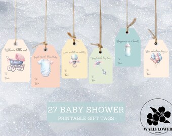 Afdrukbare tags voor babyshower, pastelkleurige babyshower digitale geschenkentags, gastvrije babyafdrukbare gunsttags, afdrukbare papieren kit