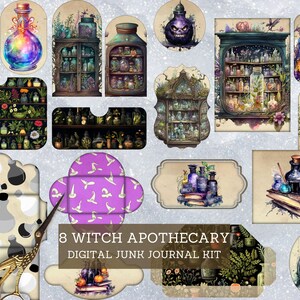 May include: Digital junk journal kit with 8 witch apothecary themed images. The images include potion bottles, shelves of potions, a skull in a bottle, and a witch's hat. The kit is perfect for adding a touch of magic to your journal.