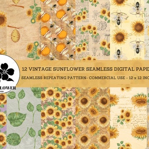 Vintage Sunflowers Digital Papers, Flowers & Bees Scrapbook Paper, Sunflower Backgrounds, Commercial Use Digital Paper