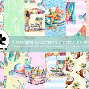 Può includere: Un pacchetto di carta digitale con 12 disegni a tema vacanza estiva. I disegni includono ombrelloni da spiaggia, infradito, noci di cocco, sedie da spiaggia e altre immagini di vacanza estiva. I disegni sono senza cuciture e possono essere utilizzati per scopi commerciali. Ogni disegno misura 12 pollici per 12 pollici ed è in formato JPEG.