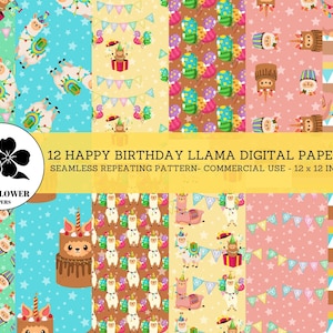Happy Birthday Llama Seamless Digital Papers, Llamas & Cakes, Happy Birthday Backgrounds, Commercial Use Digital Paper
