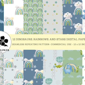Dinosaurs Nursery Seamless Digital Papers, Rainbows and Stars, Nursery Baby Backgrounds, Commercial Use Digital Paper