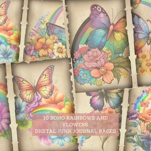 May include: Ten digital junk journal pages featuring colorful rainbows, butterflies, and flowers. The pages have a vintage, distressed look.