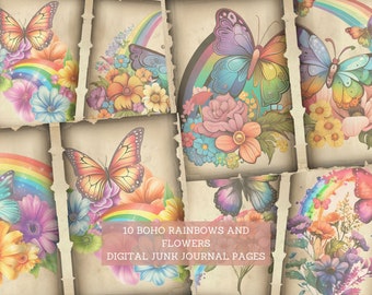 May include: Ten digital junk journal pages featuring colourful rainbows, butterflies, and flowers. The pages have a vintage, distressed look.