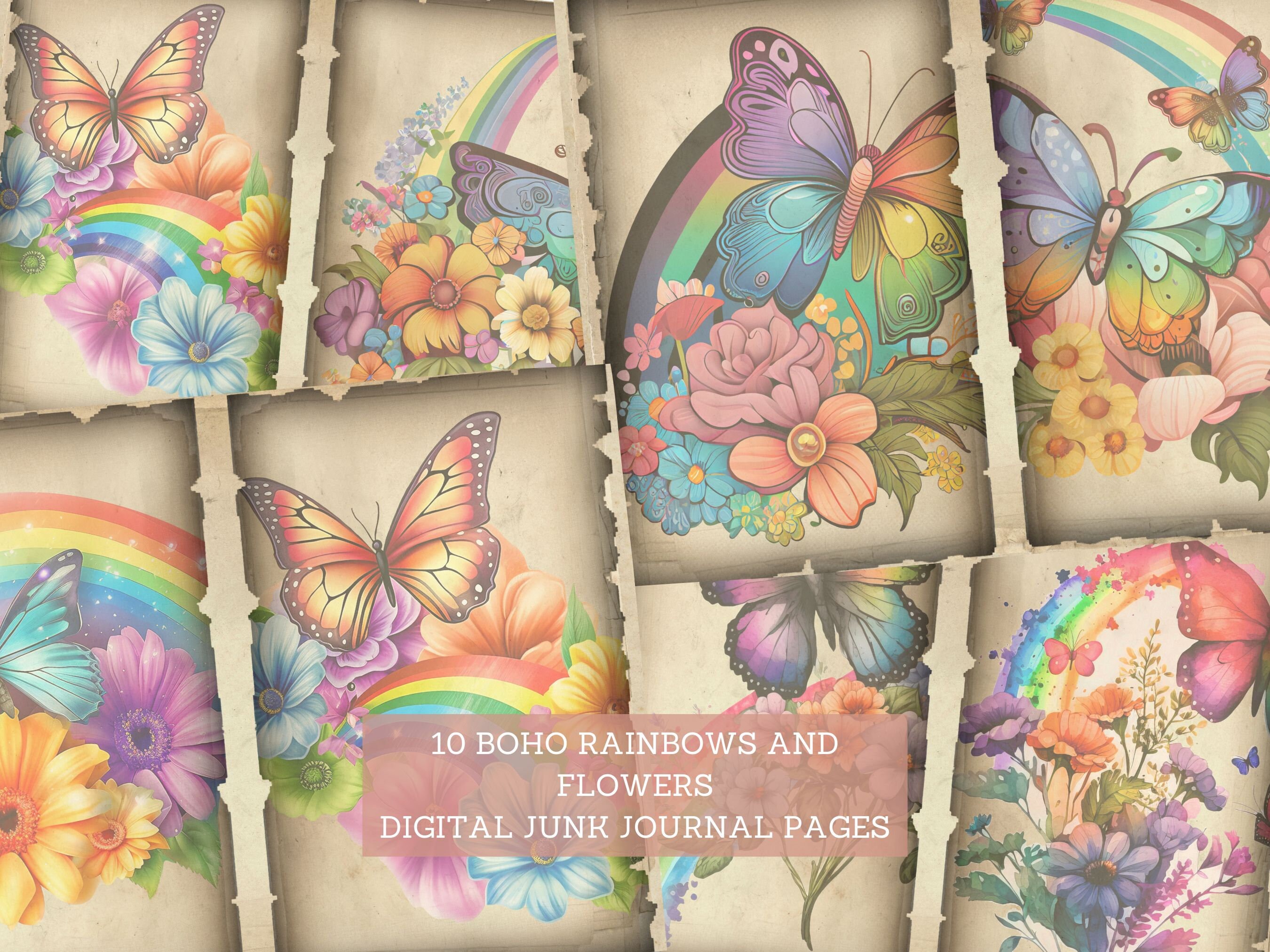 Boho Rainbows and Flowers Junk Journal Pages, Vintage Bohojunk Journal ...
