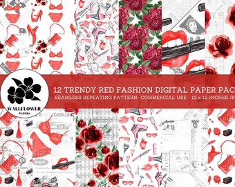 Trendy Red Fashion Seamless Digital Papers, Red Girl Fashion and Flowers, Newspaper Backgrounds, Commercial Use Digital Paper
