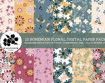 Bohemian Floral Seamless Digital Papers, Bohemian Spring Flowers, Boho Floral Backgrounds, Commercial Use Digital Paper