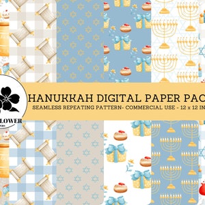 Illuminations du festival de Hanoukka, papiers numériques transparents, menorahs, dreidels et étoiles de David, arrière-plans bleu et crème, papier numérique à usage commercial
