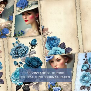 Vintage Blue Rose Junk Journal Pages, Vintage Floral Junk Journal Kit, Cut Out Sheets, Junk Journal Printable, Digital Collage Paper