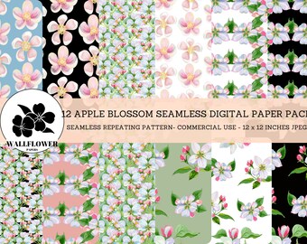Apple Blossom Digital Papers, Rosa Apfelblüte, Rosa Grün Schwarz Hintergründe, Kommerzielle Nutzung Digitales Papier
