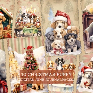Può includere: Dieci pagine digitali di scrapbooking con adorabili cuccioli di Natale in varie pose. Le pagine hanno un aspetto vintage e usurato con bordi strappati e uno sfondo marrone chiaro. I cuccioli indossano cappelli di Babbo Natale e sono circondati da decorazioni natalizie.