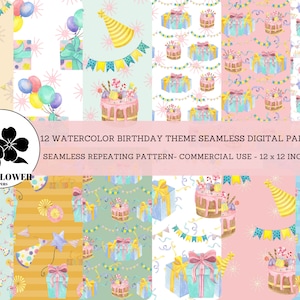 Watercolor Birthday Seamless Digital Papers, Cakes & Party Hats, Happy Birthday Backgrounds, Commercial Use Digital Paper