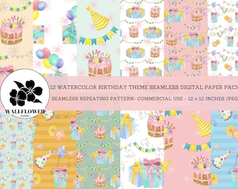 Puede incluir: Una colección de 12 patrones de papel digital sin costuras con temática de cumpleaños en acuarela. Los diseños presentan pasteles, regalos, globos, gorros de fiesta y banderines en colores pastel. Cada patrón mide 30,48 x 30,48 cm.