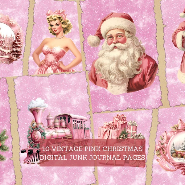 Vintage Pink Christmas Junk Journal Pages, Victorian Xmas Junk Journal Kit, Cut Out Sheets, Junk Journal Printable, Digital Collage Paper