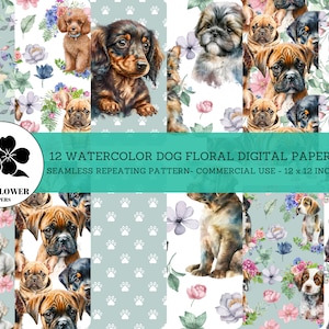 Watercolor Dog Floral Seamless Digital Papers, Dog Portraits and Flowers, Watercolor Backgrounds, Commercial Use Digital Paper