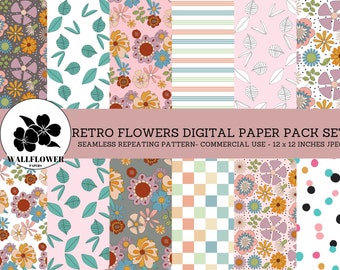 Retro Flowers Seamless Digital Papers, Boho Flowers & Leaves, Scrapbook Paper, Backgrounds, Commercial Use Digital Paper