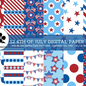4th of July Seamless Digital Papers, American Flags and Stars, Blue and Red Backgrounds, Commercial Use Digital Paper