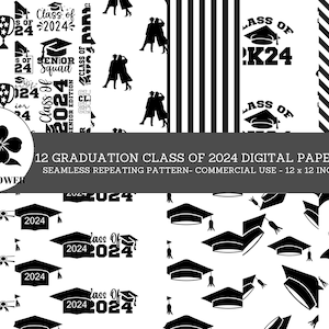 Class of 2024 Graduation Seamless Digital Papers, Black and White Theme, Graduation Backgrounds, Commercial Use Digital Paper