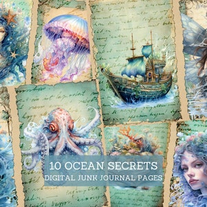 Ocean Secret Mermaid Junk Journal Pages, Life Underwater Junk Journal