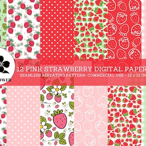 Strawberries Theme Digital Papers, Strawberry Fruit and Patterns, Summer Picnic, Pink and Green Backgrounds, Commercial Use Digital Paper