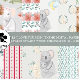 Eu te amo, mamãe, papéis digitais sem costura, animais e flores para mamãe e bebê, planos de fundo para o dia das mães, papel digital para uso comercial