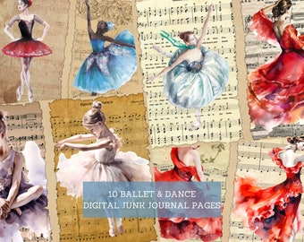 May include: A collection of watercolour illustrations of ballerinas in different poses and costumes, set against a backdrop of aged sheet music. The ballerinas wear tutus in shades of red, blue, and white. Text reads: 10 Ballet & Dance Digital Junk Journal Pages.
