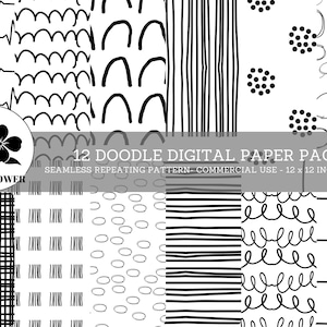 Black and White Doodle Seamless Digital Papers, Abstract Lines Hand drawn Backgrounds, Commercial Use Digital Paper