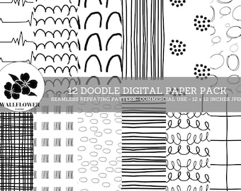 Papeles digitales sin costuras Doodle en blanco y negro, líneas abstractas fondos dibujados a mano, papel digital de uso comercial