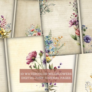 Watercolor Wildflowers Junk Journal Pages, Vintage Garden Junk Journal Kit, Cut Out Sheets, Junk Journal Printable, Digital Collage Paper