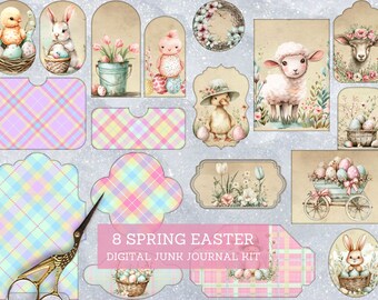 Kit de diario basura de Pascua de primavera en mal estado, lindas hojas recortadas de conejitos florales, etiquetas imprimibles de diario basura, papel de collage digital, kit de efímeras