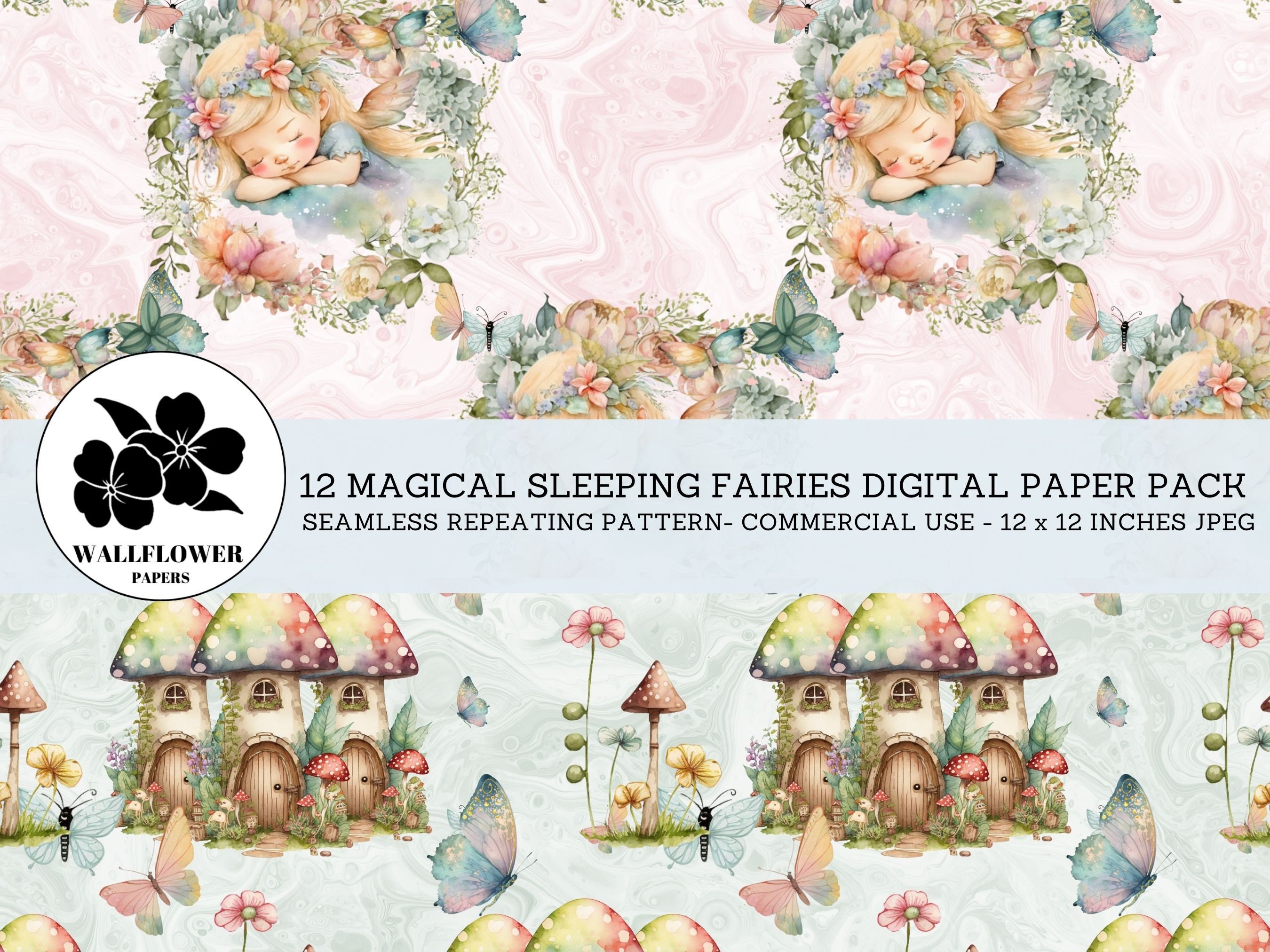 Magical Fairies Seamless Digital Papers 2, Sleeping Fairies, Flowers ...