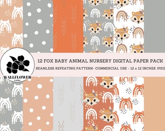Boho Fox Nursery Seamless Digital Papers, Baby Fox Woodland Animal & Rainbows, Nursery Baby Backgrounds, Commercial Use Digital Paper