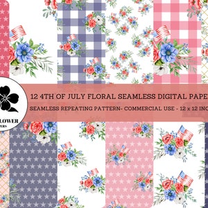 4th of July Floral Seamless Digital Papers, Flowers and American Flags, Blue and Red Patriotic Backgrounds, Commercial Use Digital Paper