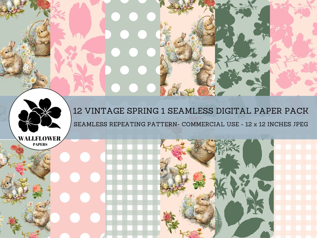 Vintage Spring Seamless Digital Papers, Bunnies & Flowers Scrapbook ...