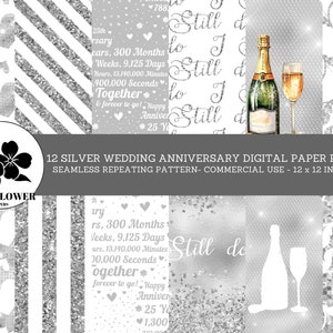 25° Anniversario di matrimonio d'argento Carte digitali senza cuciture, Champagne e modelli d'argento, Sfondi di nozze, Carta digitale per uso commerciale